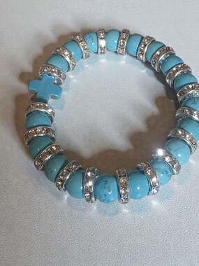 Turquoise Blue Beaded Cross Bracelet with Crystal Accents